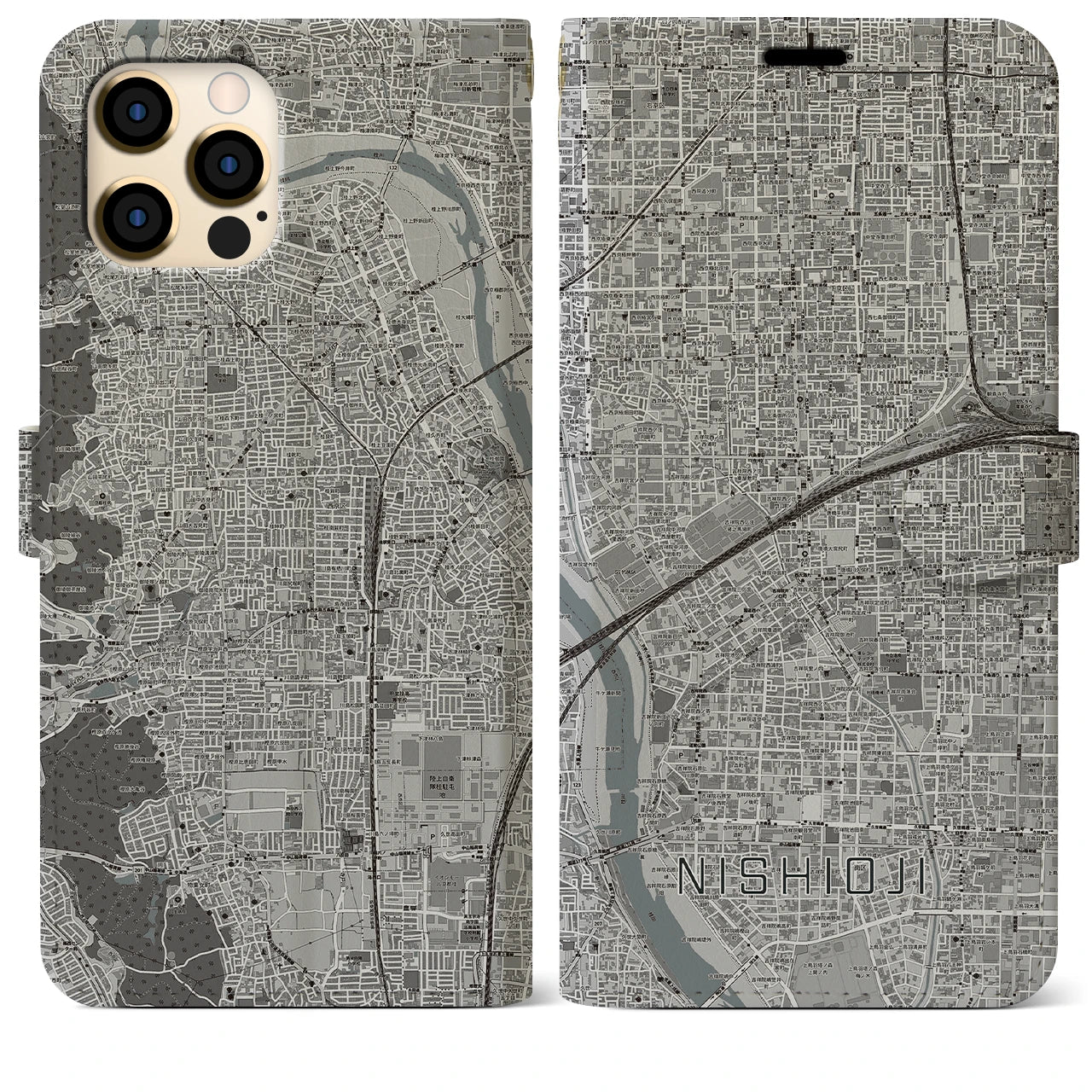 【西大路(京都府)】地図柄iPhoneケース(手帳タイプ)モノトーン・iPhone 12 Pro Max 用