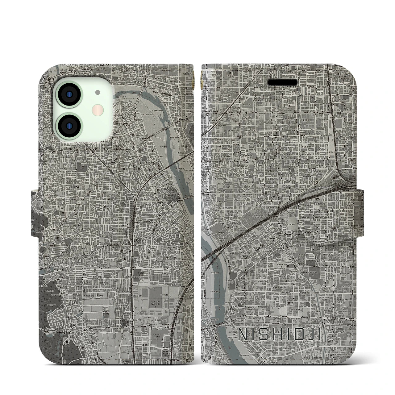 【西大路(京都府)】地図柄iPhoneケース(手帳タイプ)モノトーン・iPhone 12 mini 用
