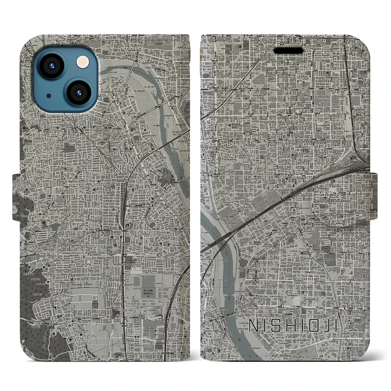 【西大路(京都府)】地図柄iPhoneケース(手帳タイプ)モノトーン・iPhone 13 用