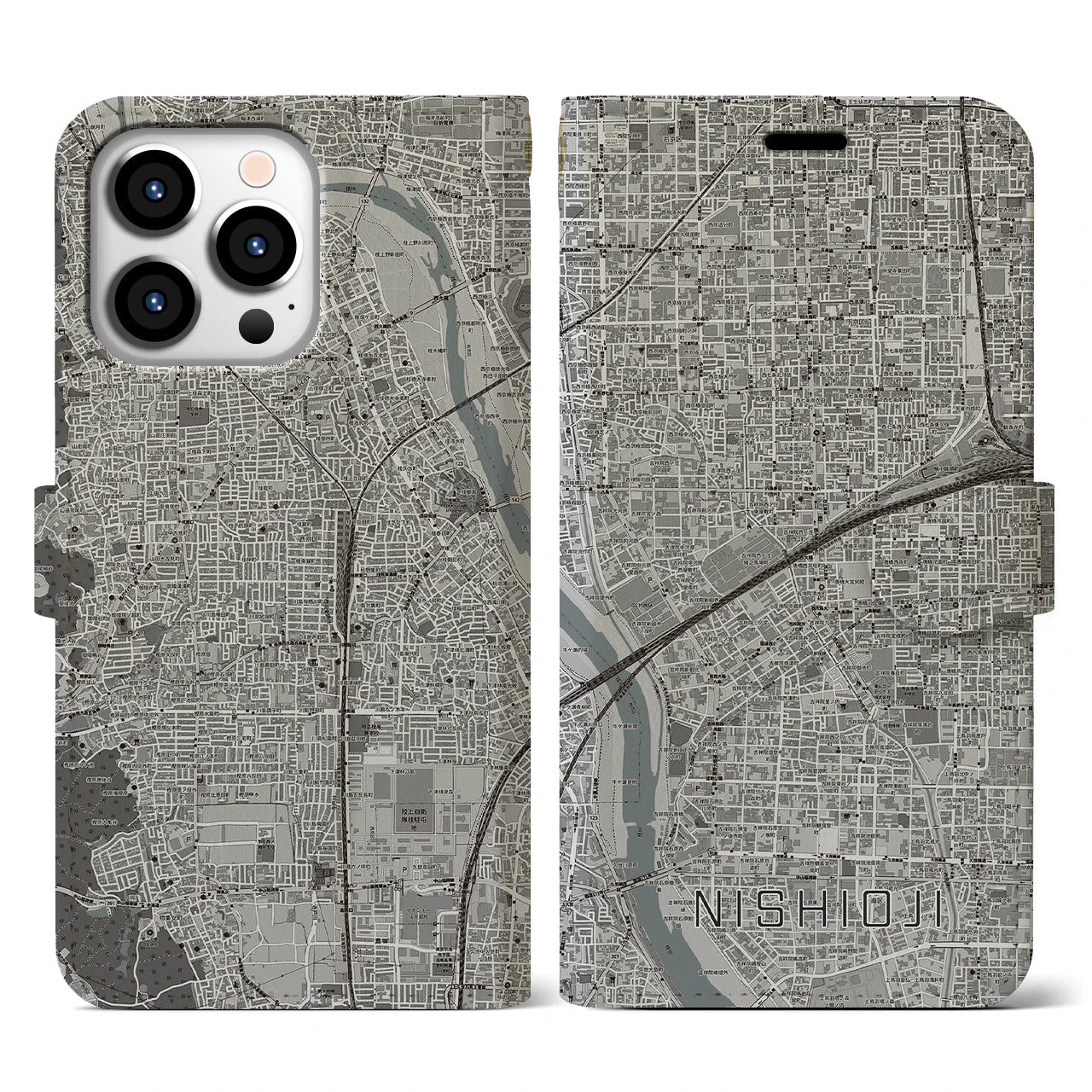 【西大路(京都府)】地図柄iPhoneケース(手帳タイプ)モノトーン・iPhone 13 Pro 用