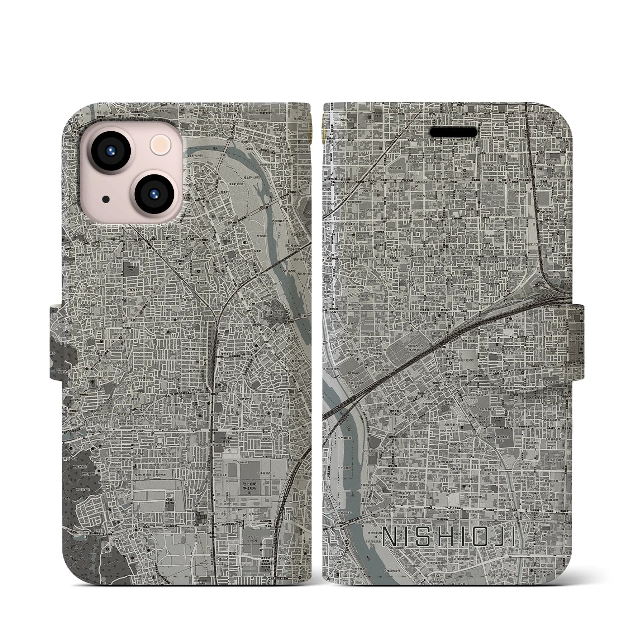 【西大路(京都府)】地図柄iPhoneケース(手帳タイプ)モノトーン・iPhone 13 mini 用