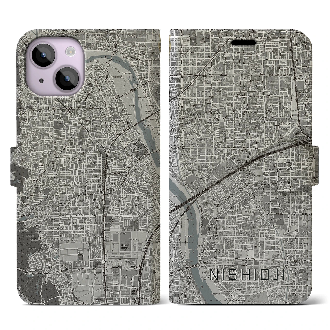 【西大路(京都府)】地図柄iPhoneケース(手帳タイプ)モノトーン・iPhone 14 用