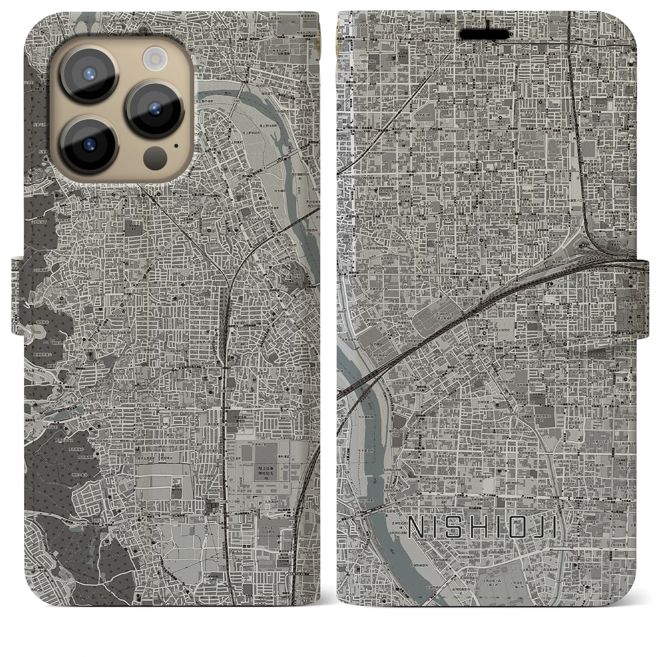 【西大路(京都府)】地図柄iPhoneケース(手帳タイプ)モノトーン・iPhone 14 Pro Max 用