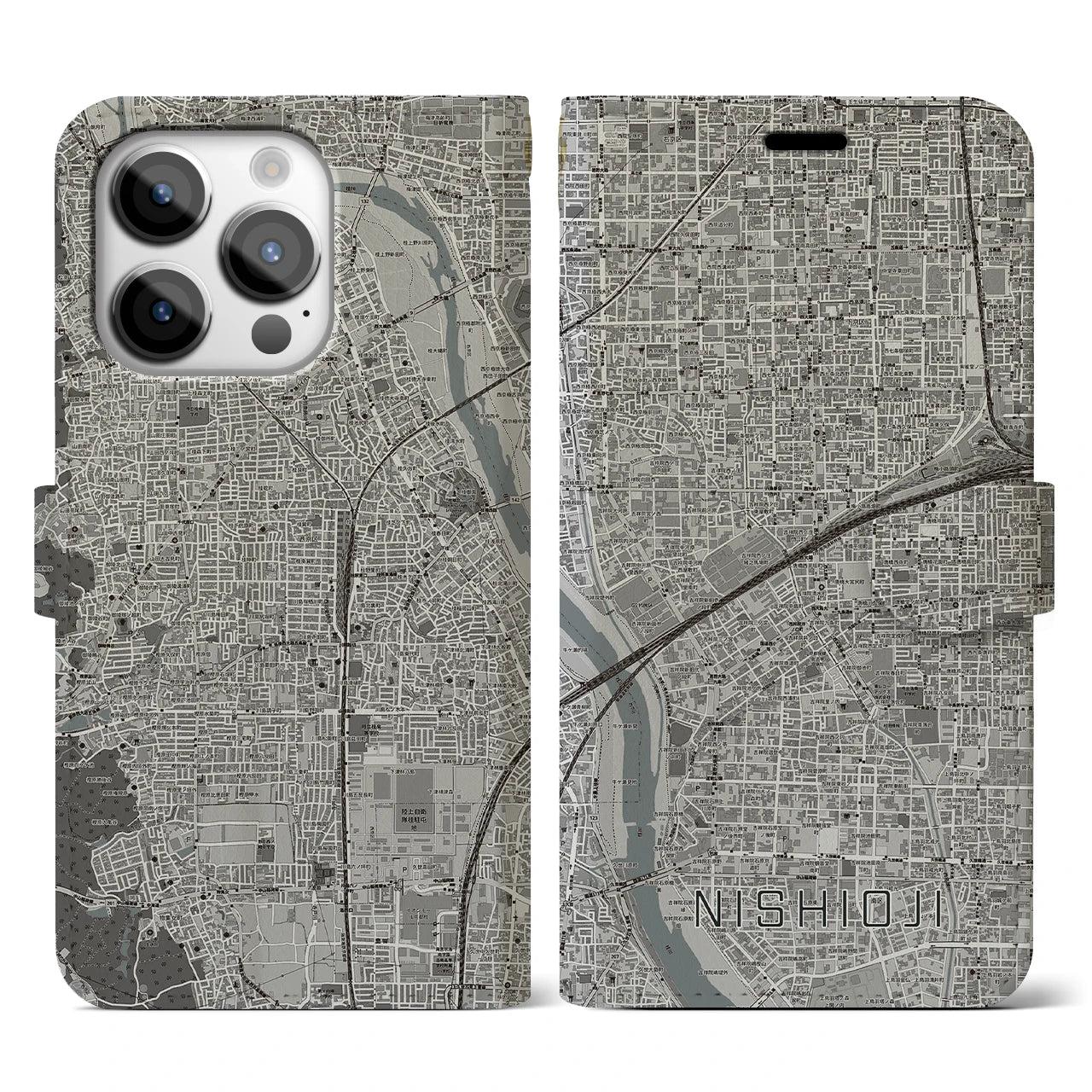 【西大路(京都府)】地図柄iPhoneケース(手帳タイプ)モノトーン・iPhone 14 Pro 用
