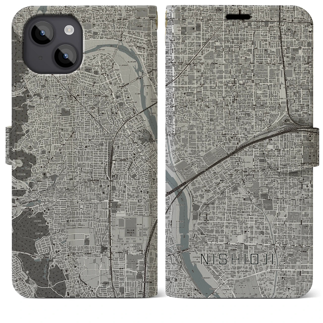 【西大路(京都府)】地図柄iPhoneケース(手帳タイプ)モノトーン・iPhone 14 Plus 用