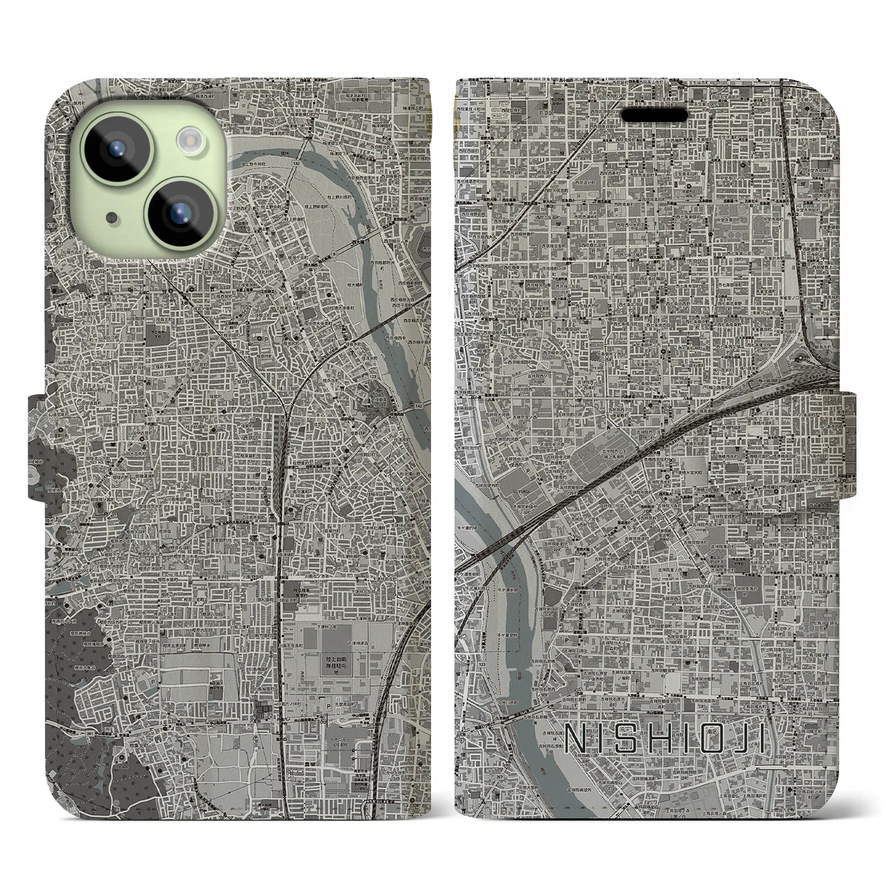 【西大路(京都府)】地図柄iPhoneケース(手帳タイプ)モノトーン・iPhone 15 用