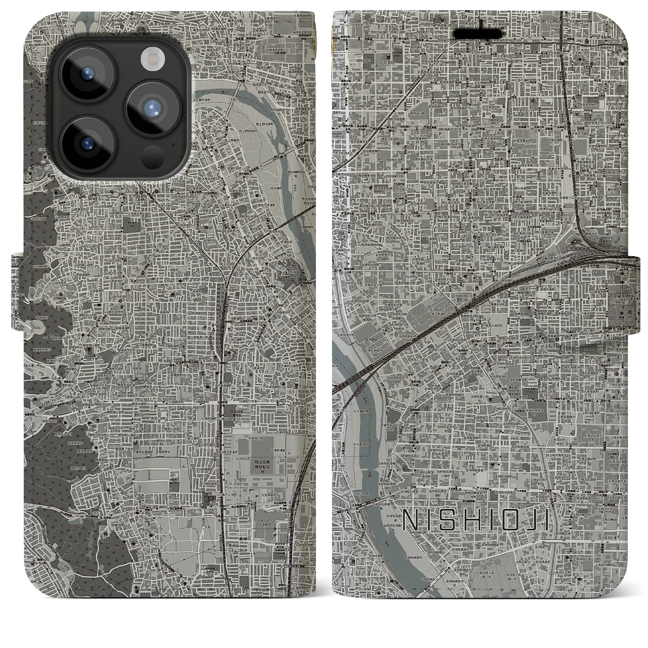 【西大路(京都府)】地図柄iPhoneケース(手帳タイプ)モノトーン・iPhone 15 Pro Max 用