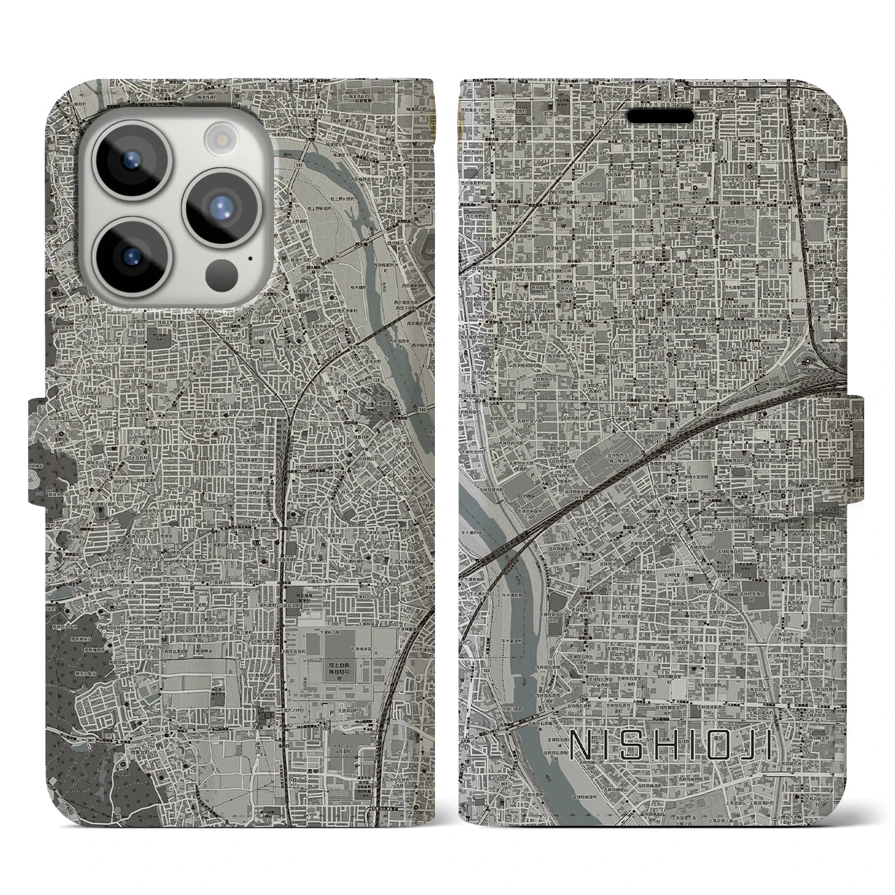 【西大路(京都府)】地図柄iPhoneケース(手帳タイプ)モノトーン・iPhone 15 Pro 用