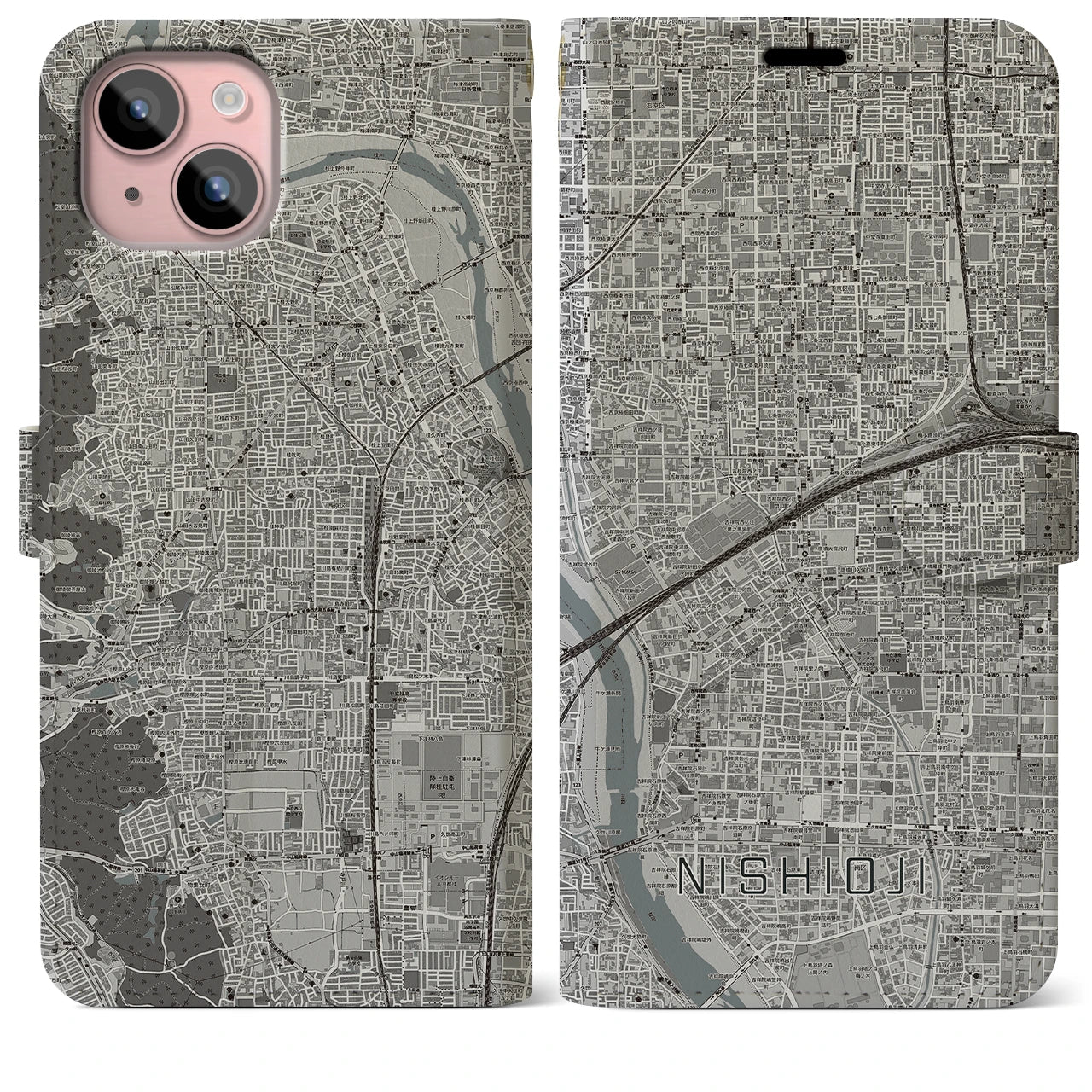 【西大路(京都府)】地図柄iPhoneケース(手帳タイプ)モノトーン・iPhone 15 Plus 用