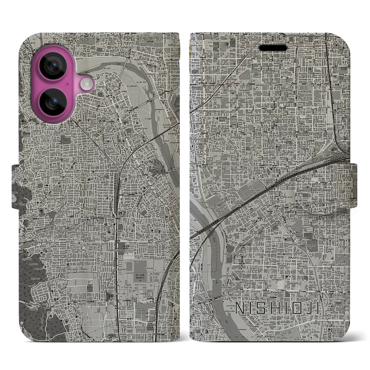 【西大路(京都府)】地図柄iPhoneケース(手帳タイプ)モノトーン・iPhone 16 Pro 用