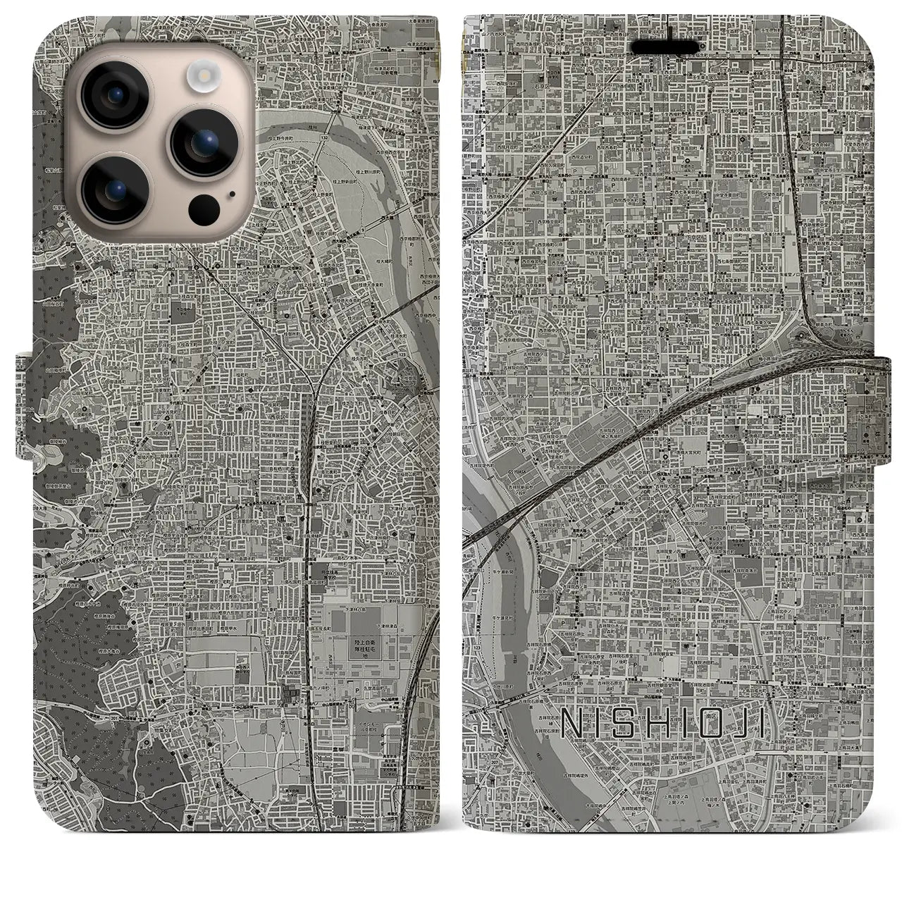 【西大路(京都府)】地図柄iPhoneケース(手帳タイプ)モノトーン・iPhone 16 Plus 用