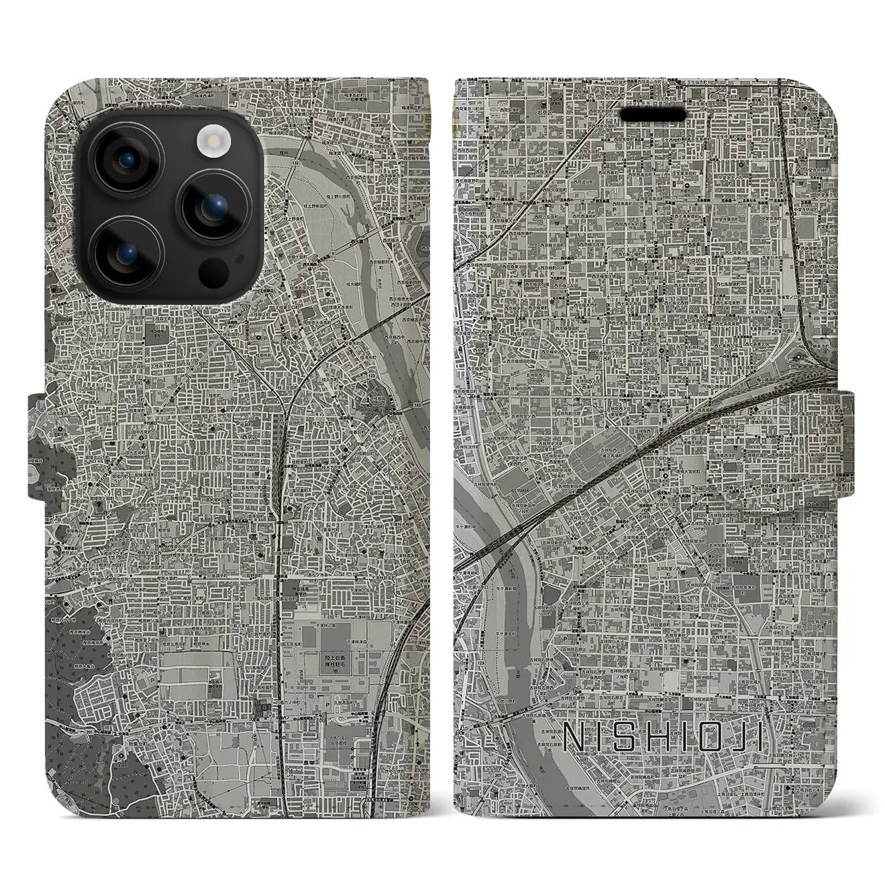 【西大路(京都府)】地図柄iPhoneケース(手帳タイプ)モノトーン・iPhone 16 用