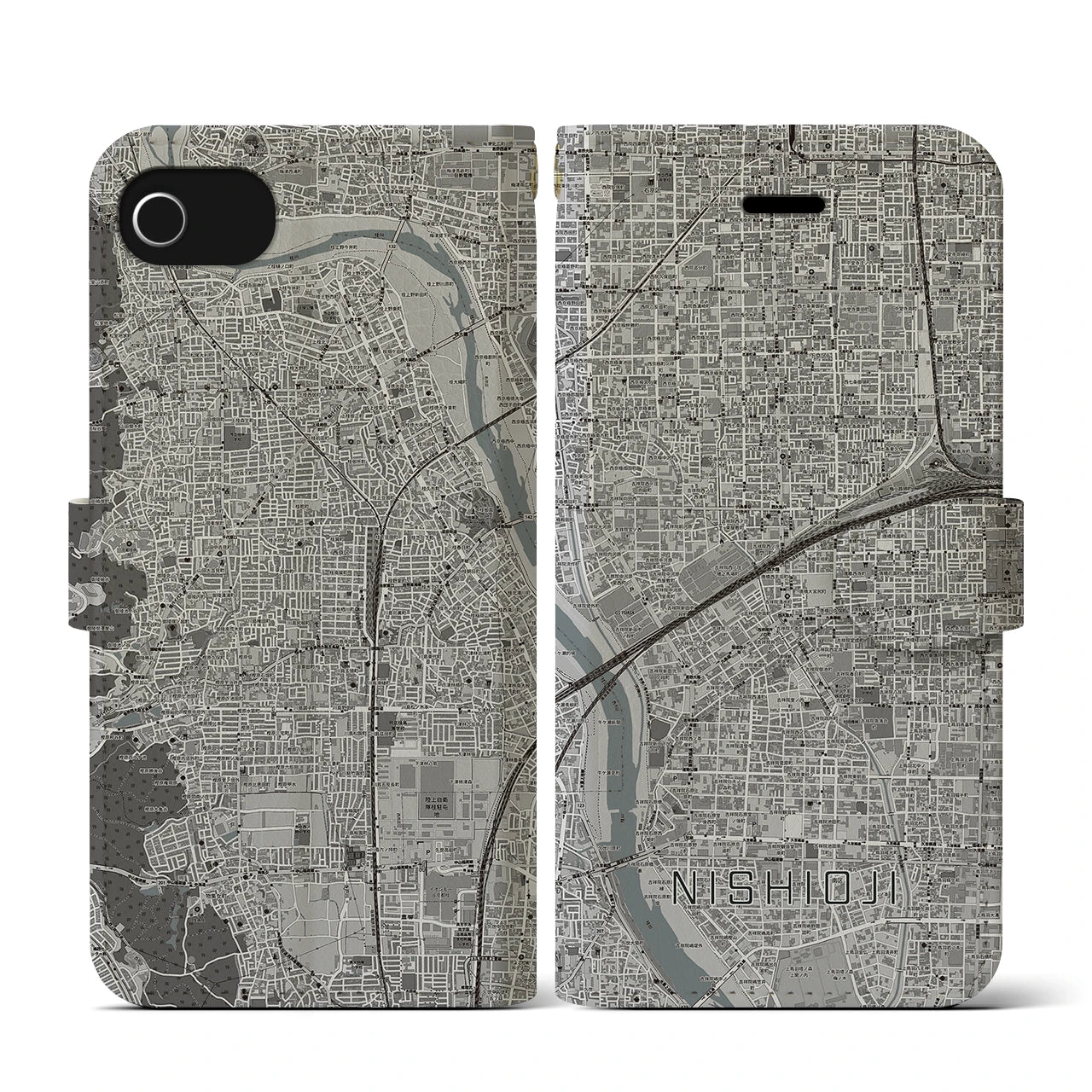 【西大路(京都府)】地図柄iPhoneケース(手帳タイプ)モノトーン・iPhone SE(第3 / 第2世代) / 8 / 7 / 6s / 6 用