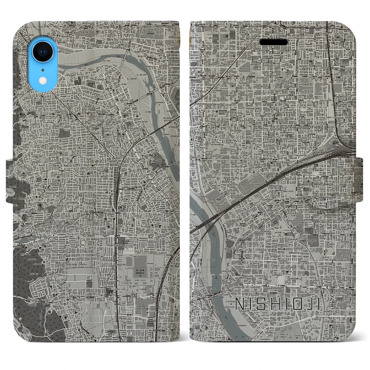 【西大路(京都府)】地図柄iPhoneケース(手帳タイプ)モノトーン・iPhone XR 用