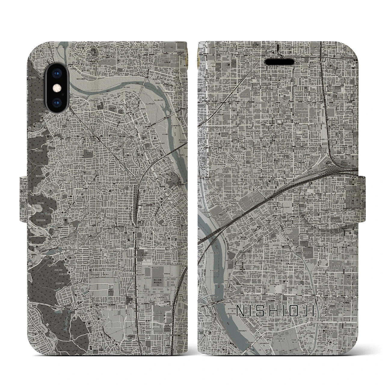 【西大路(京都府)】地図柄iPhoneケース(手帳タイプ)モノトーン・iPhone XS / X 用