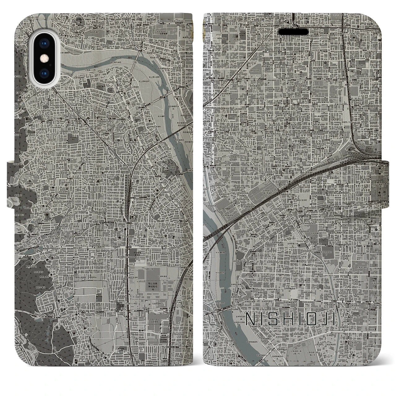 【西大路(京都府)】地図柄iPhoneケース(手帳タイプ)モノトーン・iPhone XS Max 用