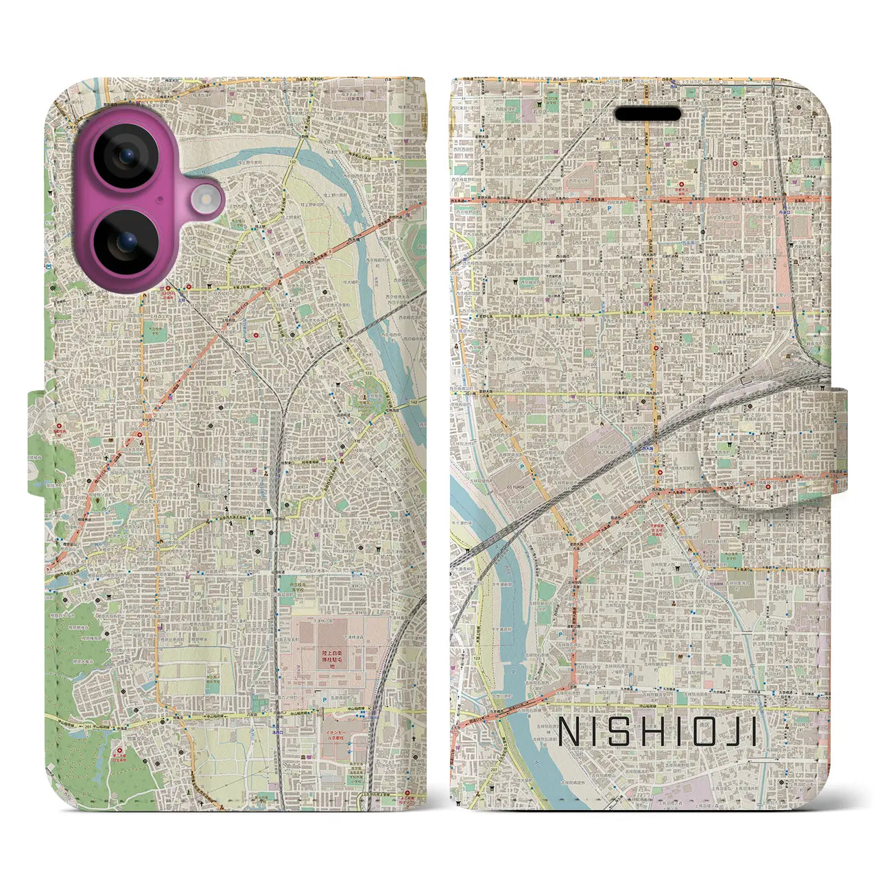 【西大路(京都府)】地図柄iPhoneケース(手帳タイプ)ナチュラル・iPhone 16 Pro 用
