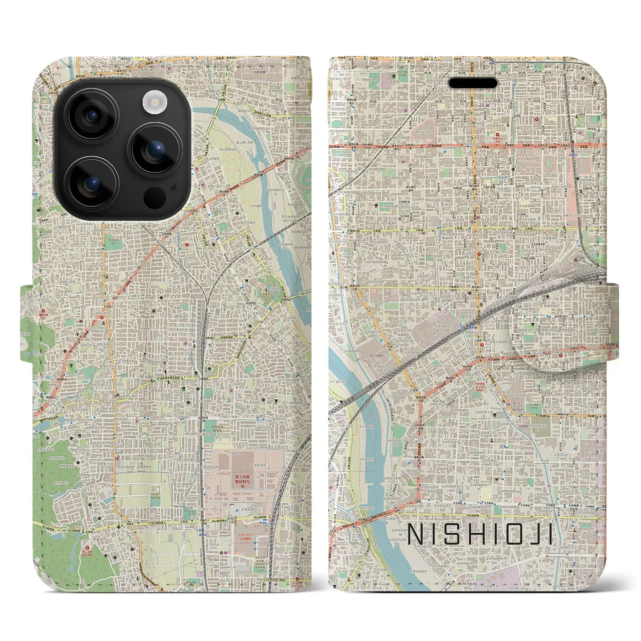【西大路(京都府)】地図柄iPhoneケース(手帳タイプ)ナチュラル・iPhone 16 用