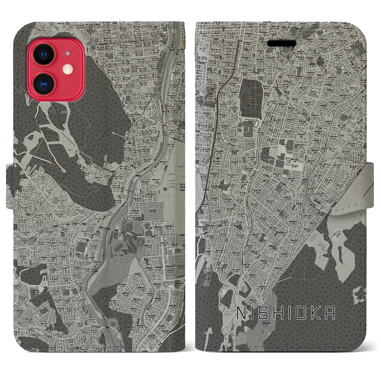 【西岡(北海道)】地図柄iPhoneケース(手帳タイプ)モノトーン・iPhone 11 用