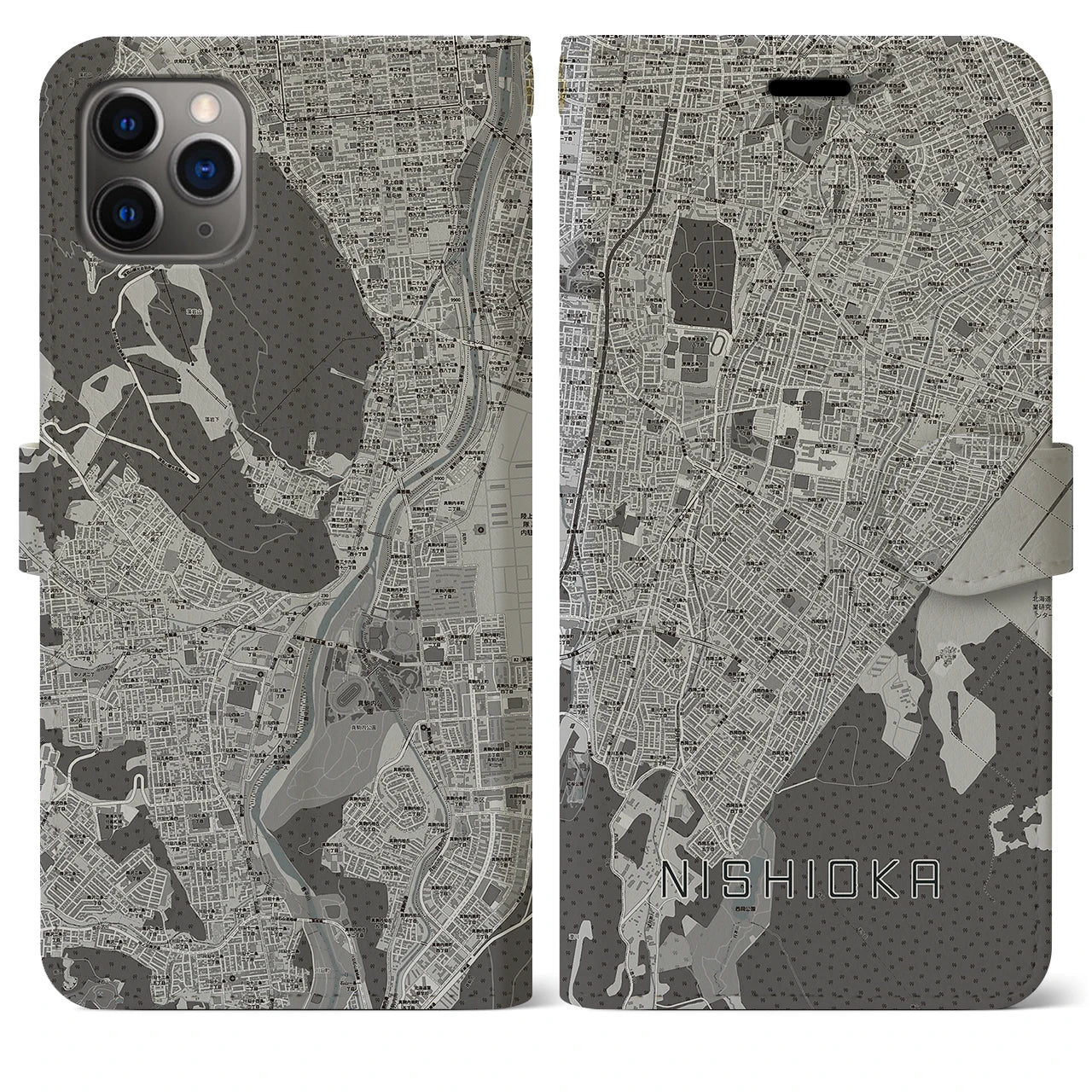 【西岡(北海道)】地図柄iPhoneケース(手帳タイプ)モノトーン・iPhone 11 Pro Max 用