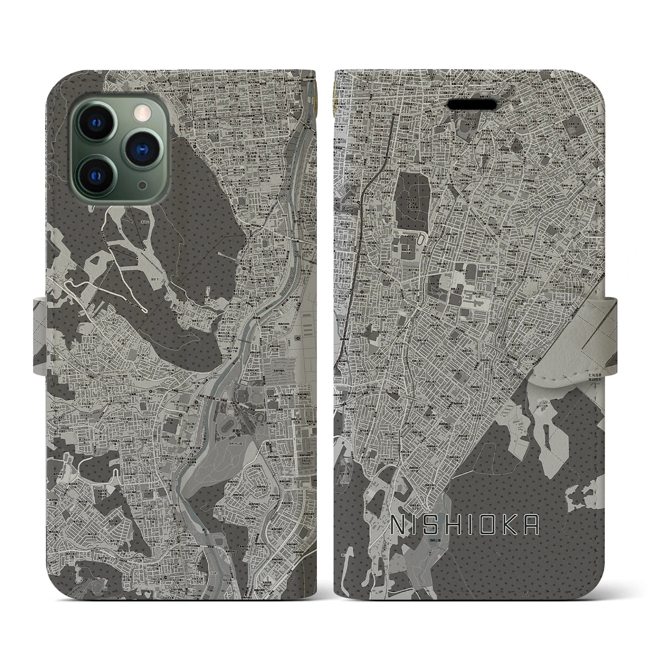 【西岡(北海道)】地図柄iPhoneケース(手帳タイプ)モノトーン・iPhone 11 Pro 用