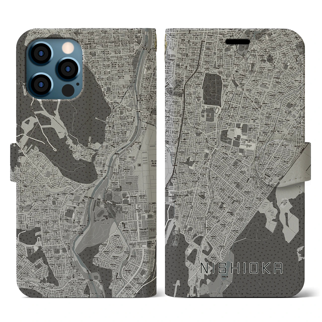 【西岡(北海道)】地図柄iPhoneケース(手帳タイプ)モノトーン・iPhone 12 / 12 Pro 用