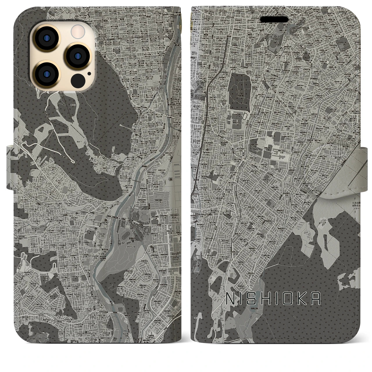 【西岡(北海道)】地図柄iPhoneケース(手帳タイプ)モノトーン・iPhone 12 Pro Max 用