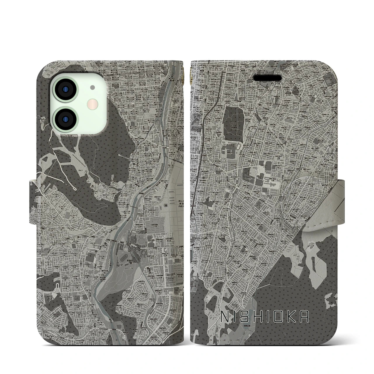 【西岡(北海道)】地図柄iPhoneケース(手帳タイプ)モノトーン・iPhone 12 mini 用