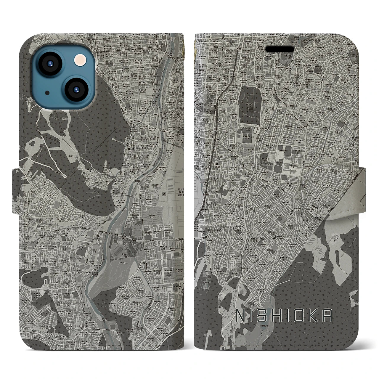 【西岡(北海道)】地図柄iPhoneケース(手帳タイプ)モノトーン・iPhone 13 用