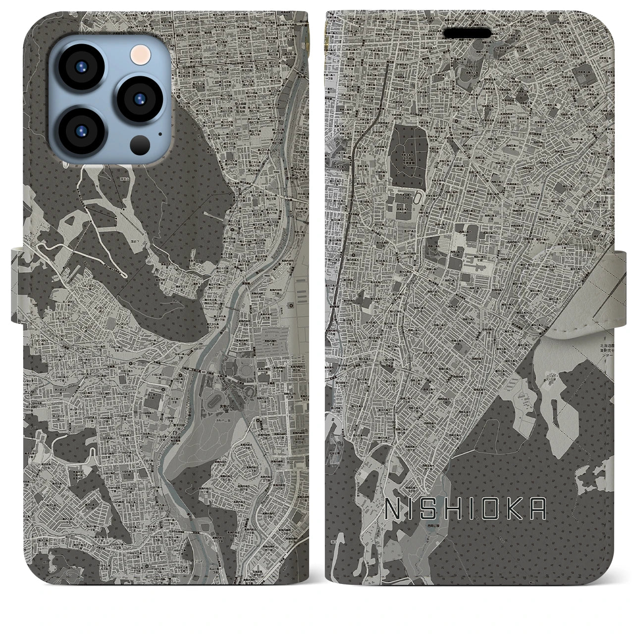 【西岡(北海道)】地図柄iPhoneケース(手帳タイプ)モノトーン・iPhone 13 Pro Max 用