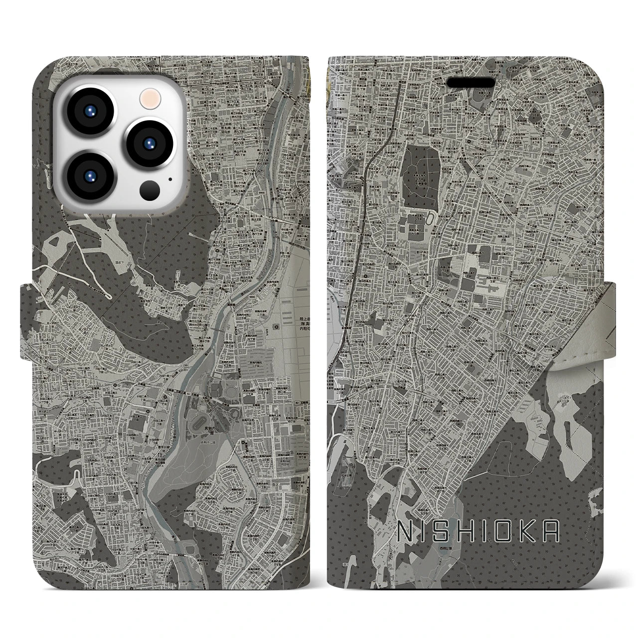 【西岡(北海道)】地図柄iPhoneケース(手帳タイプ)モノトーン・iPhone 13 Pro 用