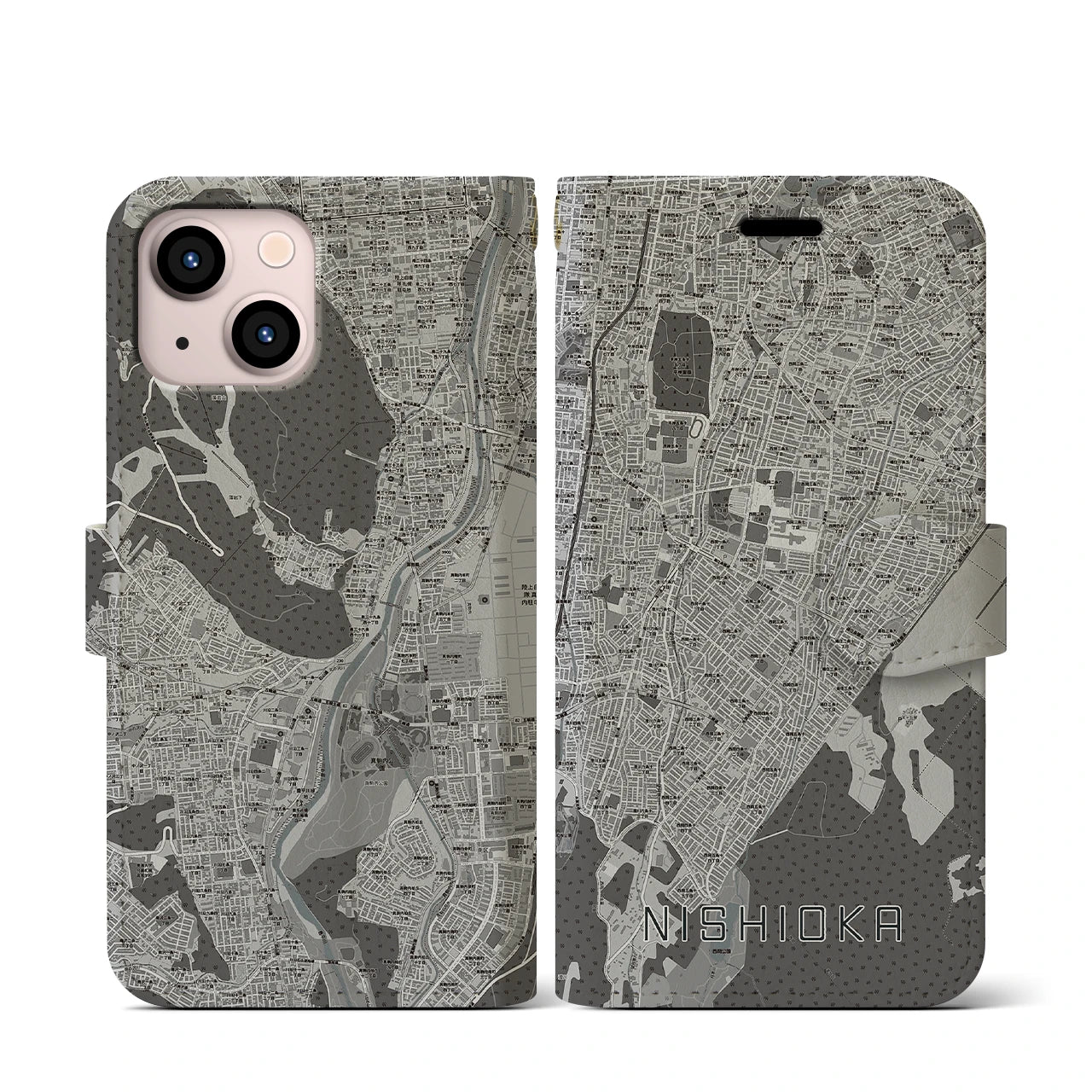 【西岡(北海道)】地図柄iPhoneケース(手帳タイプ)モノトーン・iPhone 13 mini 用