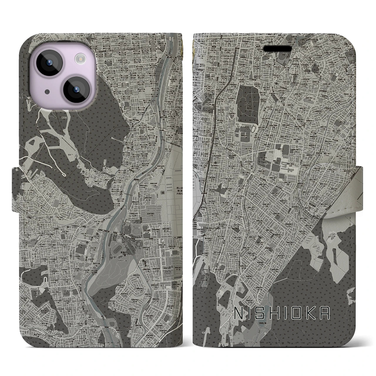 【西岡(北海道)】地図柄iPhoneケース(手帳タイプ)モノトーン・iPhone 14 用