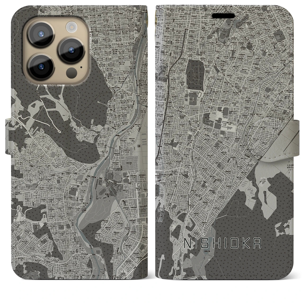 【西岡(北海道)】地図柄iPhoneケース(手帳タイプ)モノトーン・iPhone 14 Pro Max 用