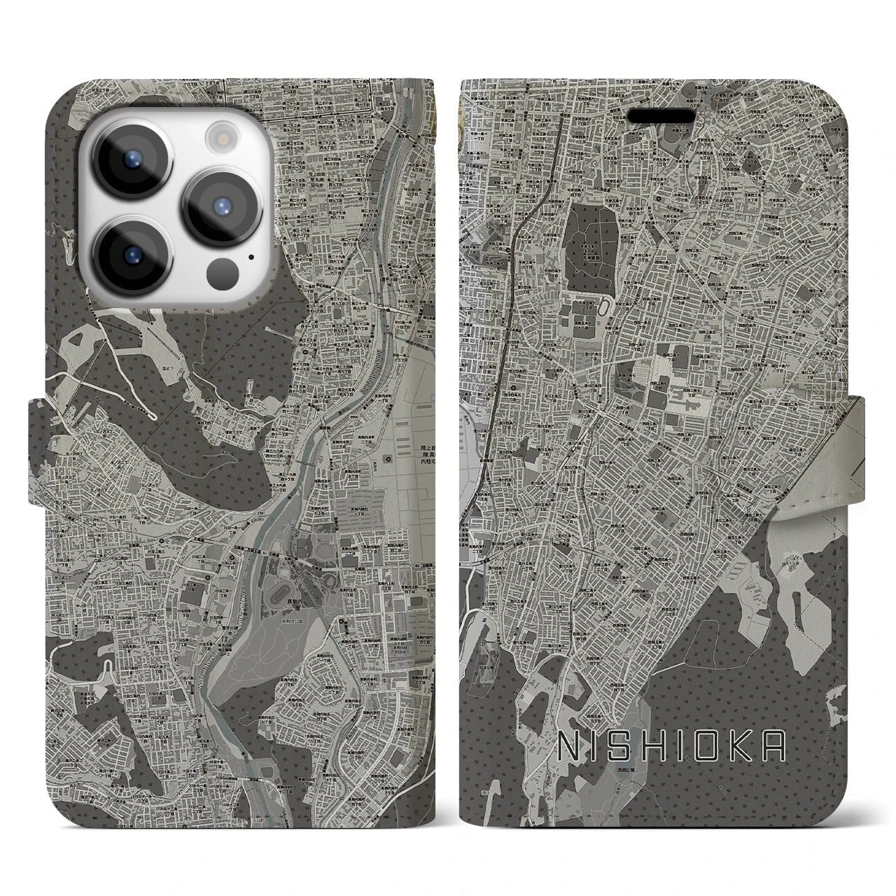 【西岡(北海道)】地図柄iPhoneケース(手帳タイプ)モノトーン・iPhone 14 Pro 用