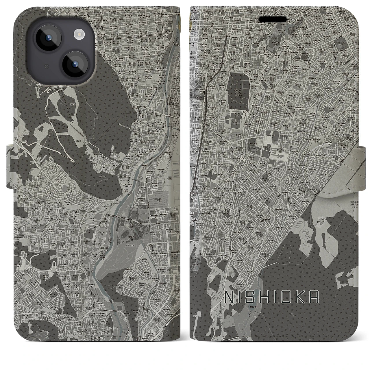 【西岡(北海道)】地図柄iPhoneケース(手帳タイプ)モノトーン・iPhone 14 Plus 用