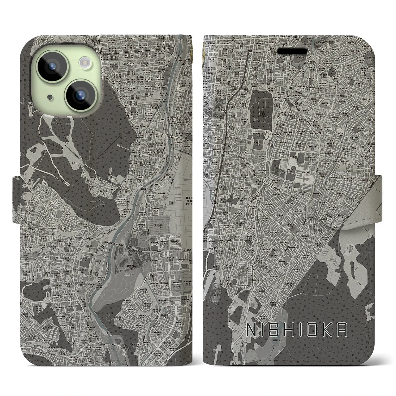 【西岡(北海道)】地図柄iPhoneケース(手帳タイプ)モノトーン・iPhone 15 用