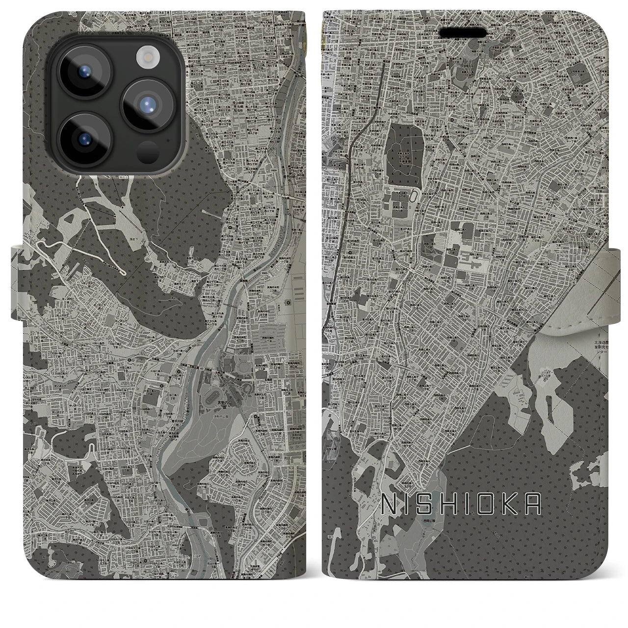 【西岡(北海道)】地図柄iPhoneケース(手帳タイプ)モノトーン・iPhone 15 Pro Max 用