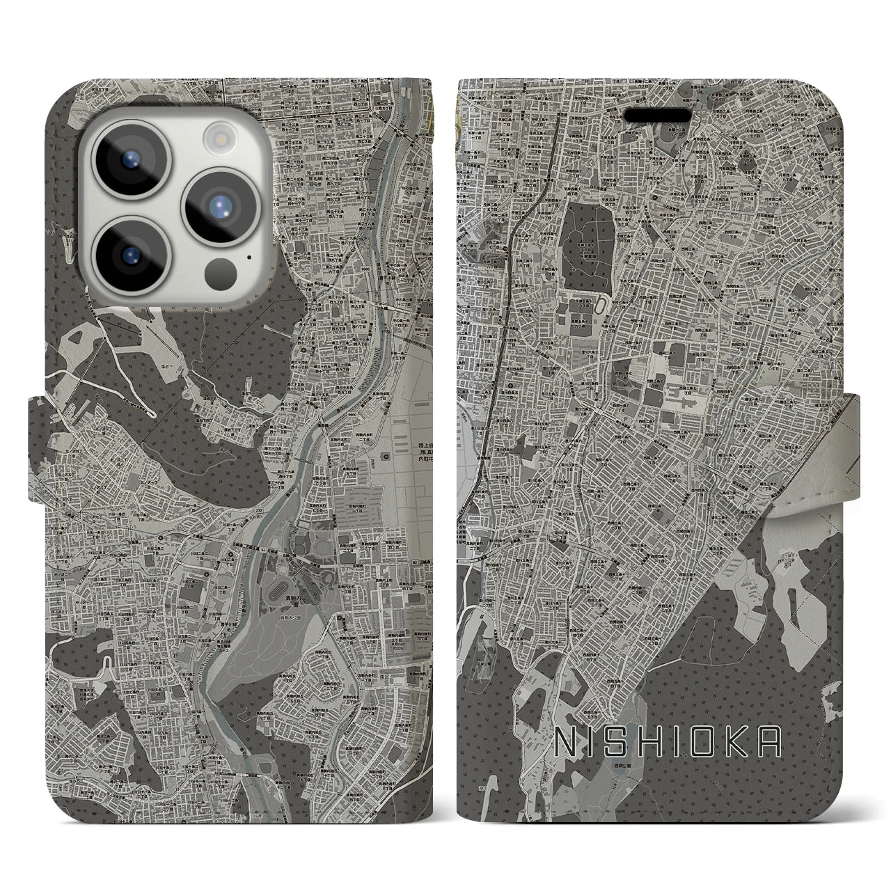 【西岡(北海道)】地図柄iPhoneケース(手帳タイプ)モノトーン・iPhone 15 Pro 用