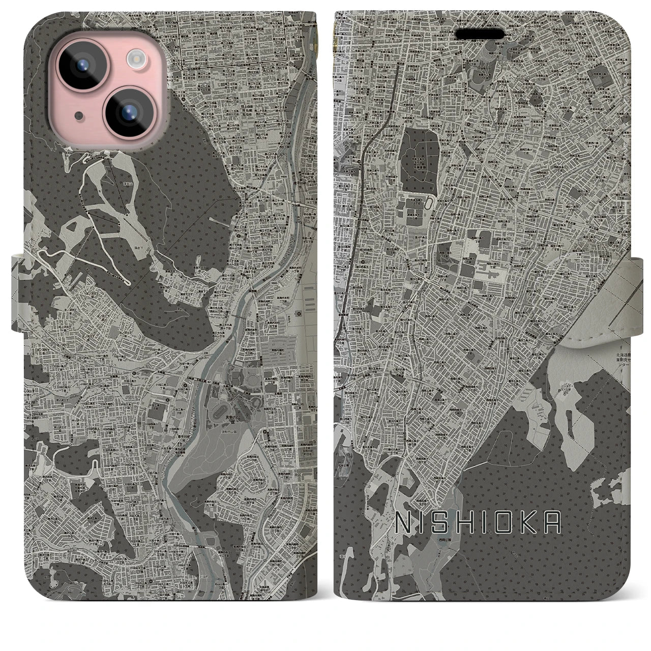 【西岡(北海道)】地図柄iPhoneケース(手帳タイプ)モノトーン・iPhone 15 Plus 用