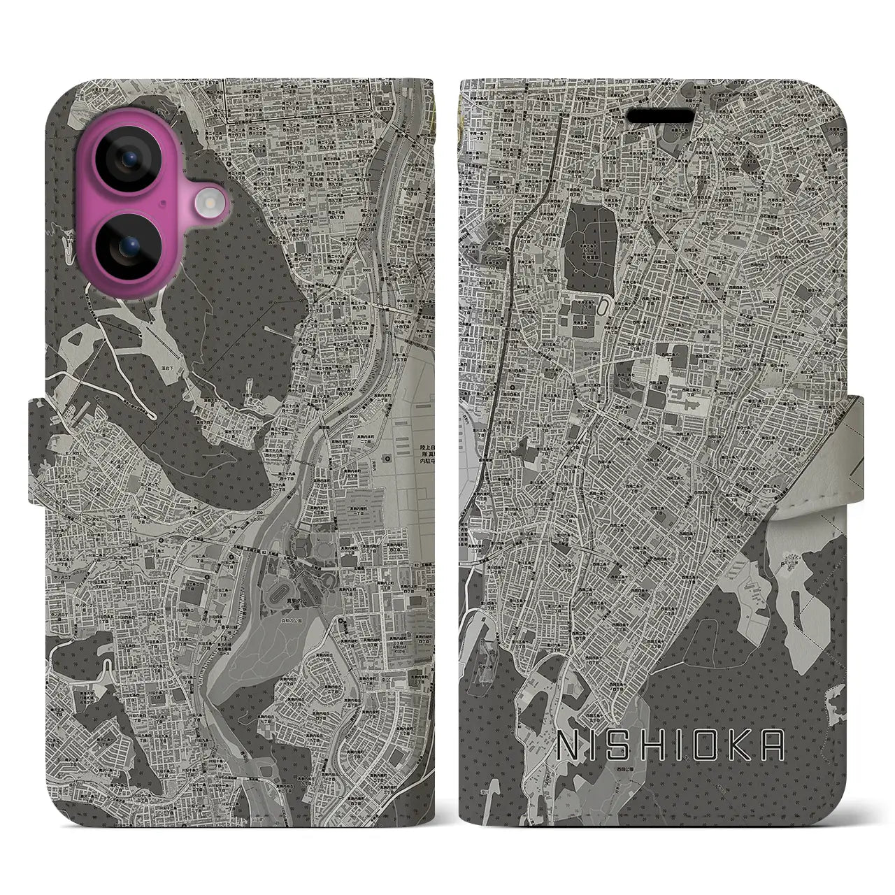 【西岡(北海道)】地図柄iPhoneケース(手帳タイプ)モノトーン・iPhone 16 Pro 用