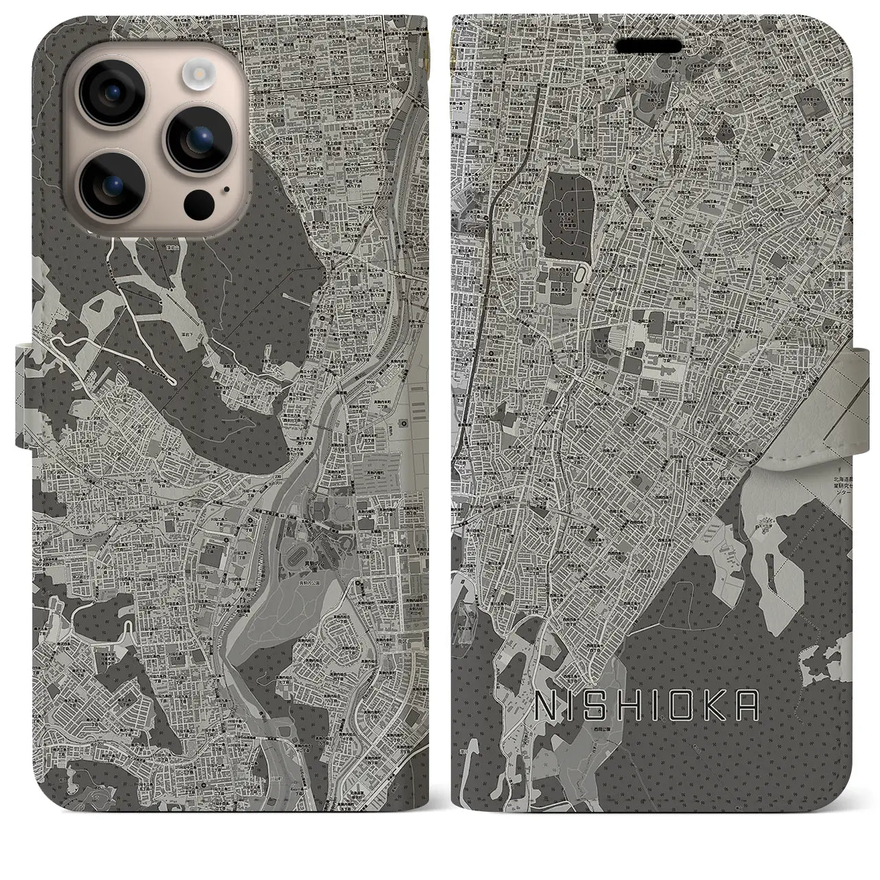 【西岡(北海道)】地図柄iPhoneケース(手帳タイプ)モノトーン・iPhone 16 Plus 用