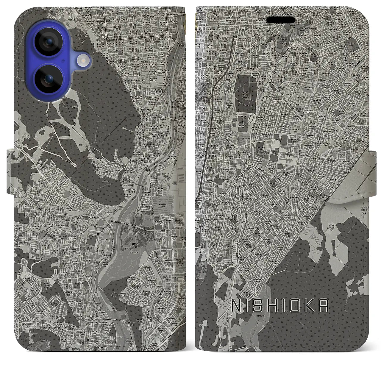 【西岡(北海道)】地図柄iPhoneケース(手帳タイプ)モノトーン・iPhone 16 Pro Max 用