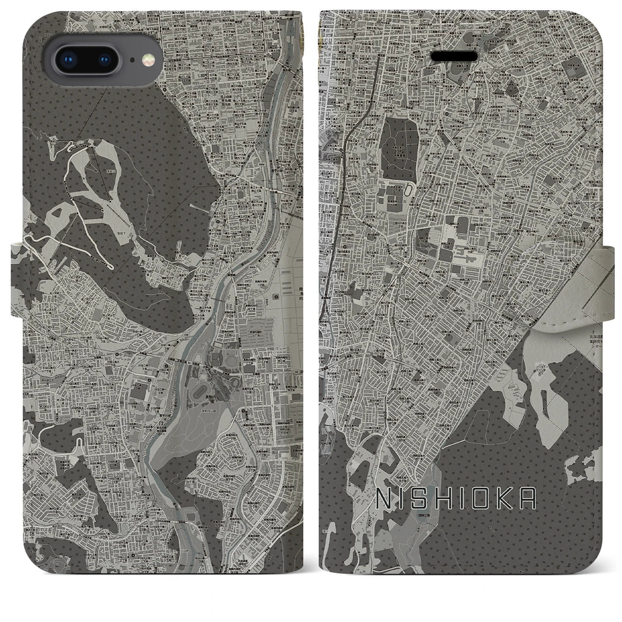 【西岡(北海道)】地図柄iPhoneケース(手帳タイプ)モノトーン・iPhone 8Plus /7Plus / 6sPlus / 6Plus 用