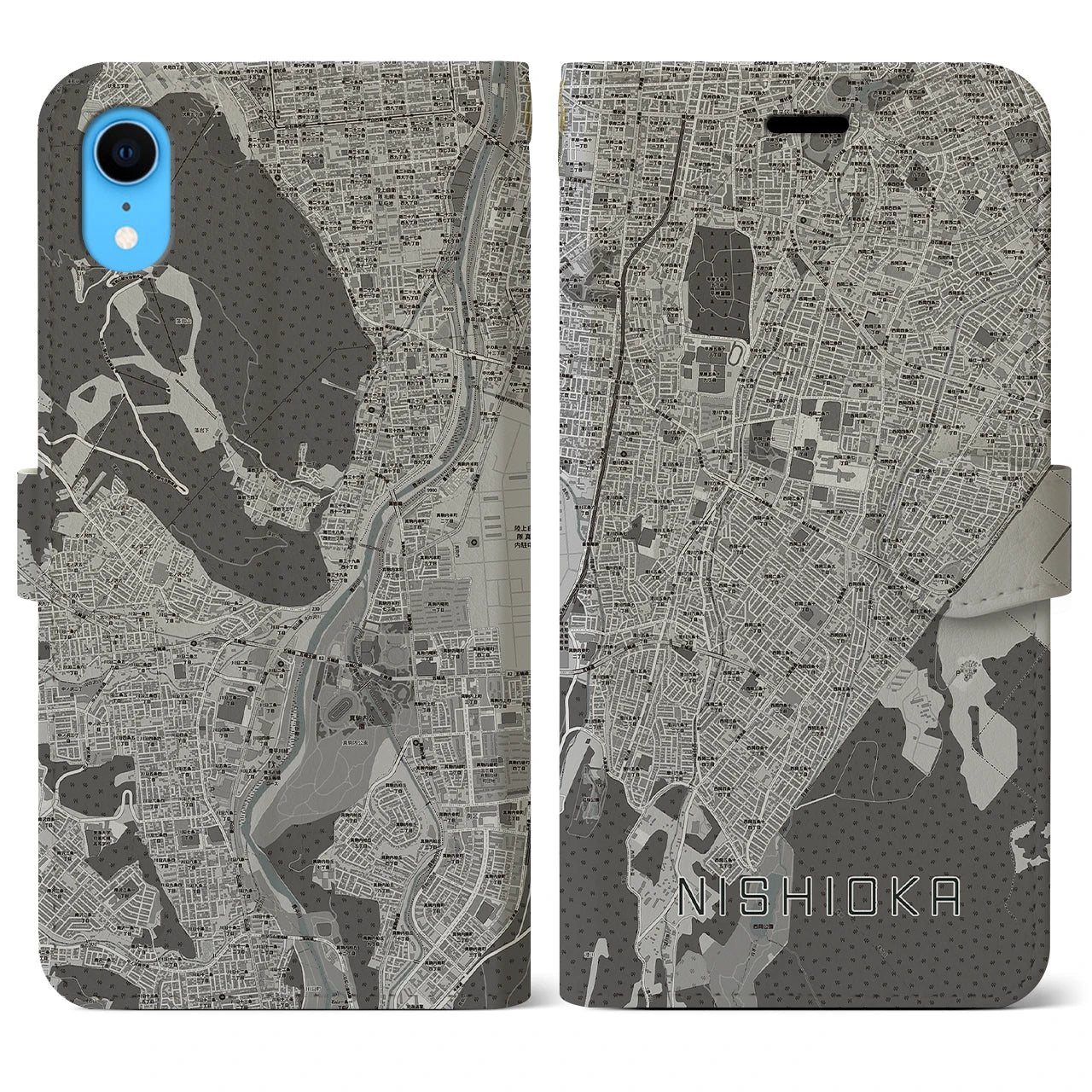 【西岡(北海道)】地図柄iPhoneケース(手帳タイプ)モノトーン・iPhone XR 用