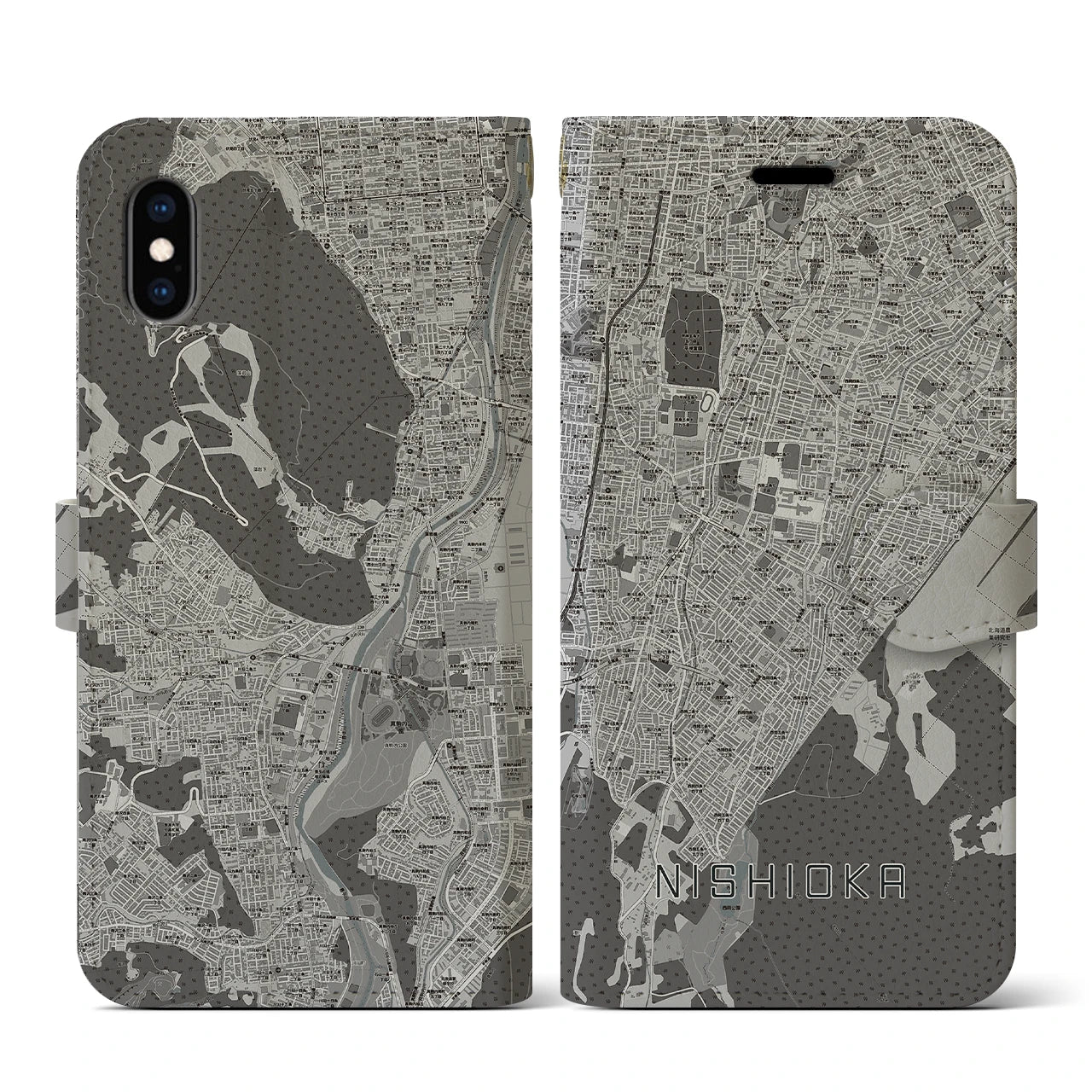 【西岡(北海道)】地図柄iPhoneケース(手帳タイプ)モノトーン・iPhone XS / X 用