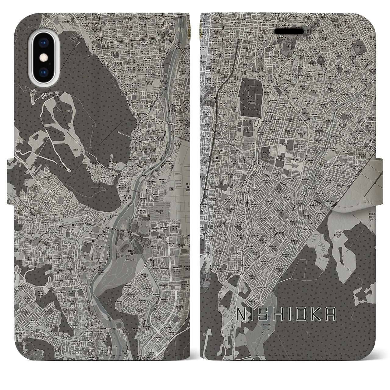 【西岡(北海道)】地図柄iPhoneケース(手帳タイプ)モノトーン・iPhone XS Max 用