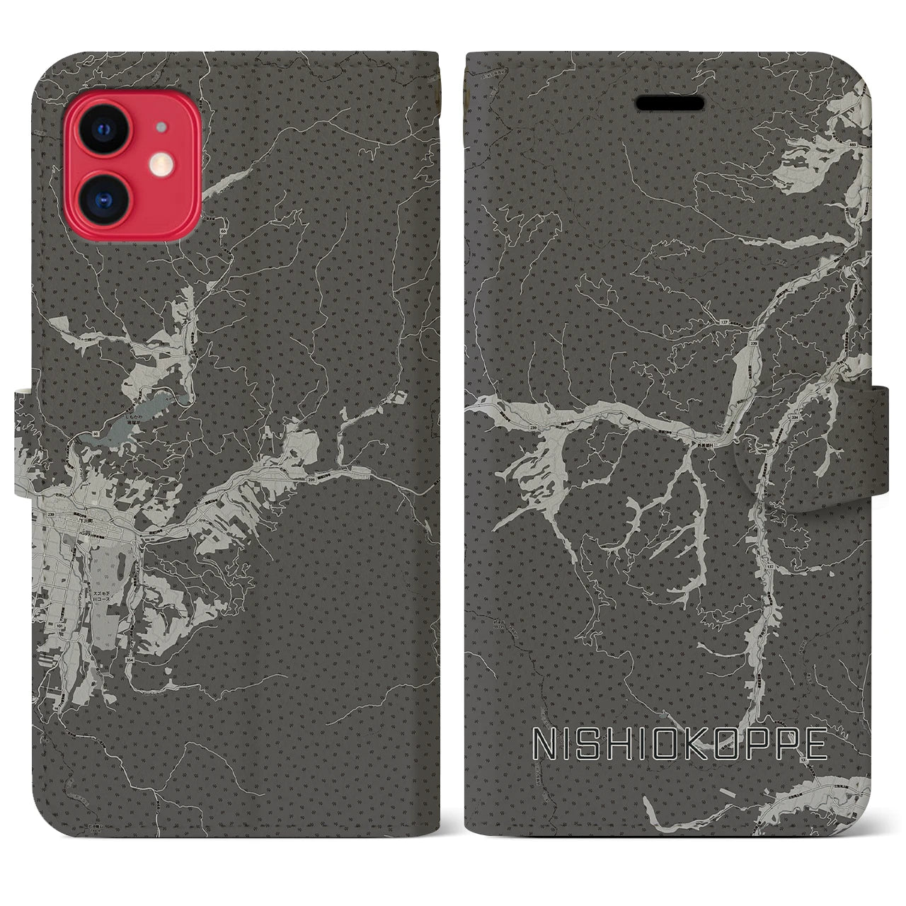 【西興部(北海道)】地図柄iPhoneケース(手帳タイプ)モノトーン・iPhone 11 用