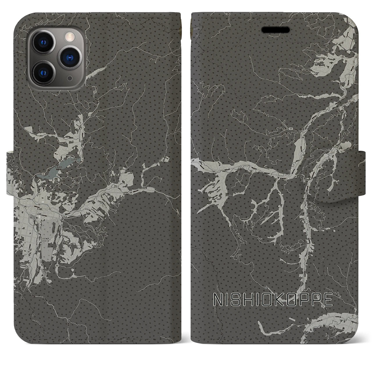 【西興部(北海道)】地図柄iPhoneケース(手帳タイプ)モノトーン・iPhone 11 Pro Max 用