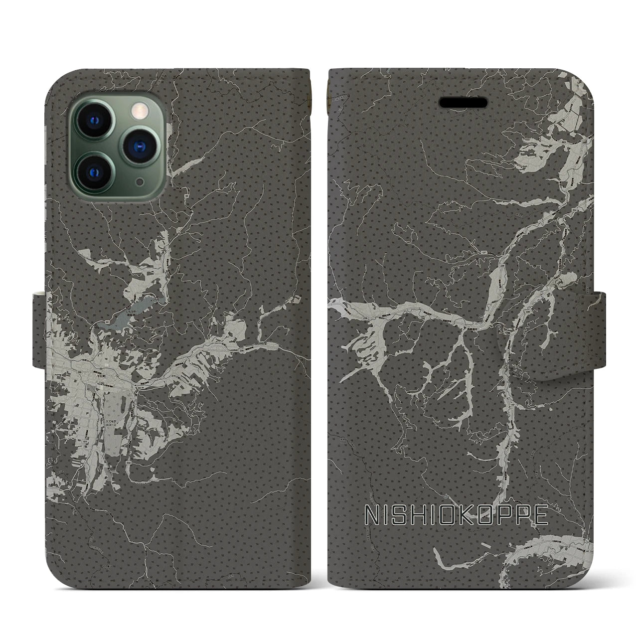 【西興部(北海道)】地図柄iPhoneケース(手帳タイプ)モノトーン・iPhone 11 Pro 用